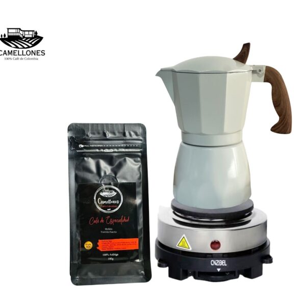 Pack Cocina Eléctrica Portátil Gris + Moka Crema de 6 tazas + Café Castillo 100g Molido