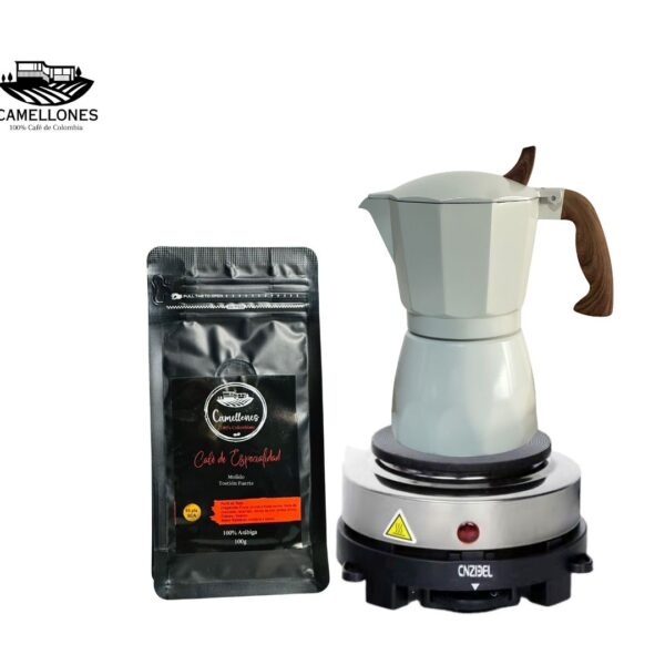 Pack Cocina Eléctrica Portátil Gris + Moka Crema de 3 tazas + Café Castillo 100g Molido