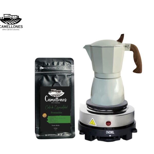 Pack Cocina Eléctrica Portátil Gris + Moka Crema de 3 tazas + Café Evocación 100g Molido