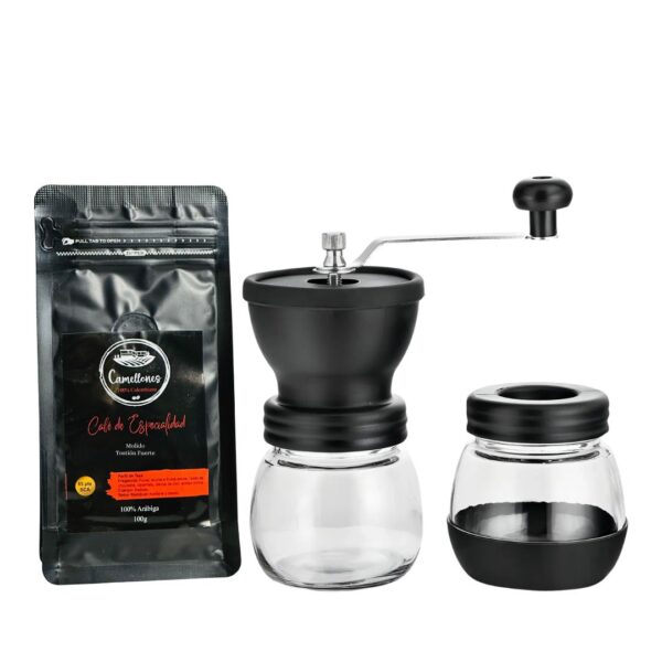 Pack de Café Castillo en Grano Tostión Alta de 100g con Molino Manual de Vidrio