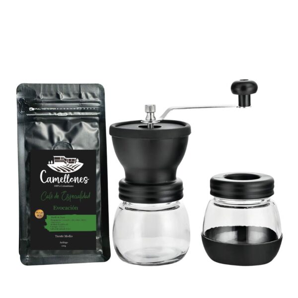 Pack de Café Evocación en Grano de 100g con Molino Manual de Vidrio