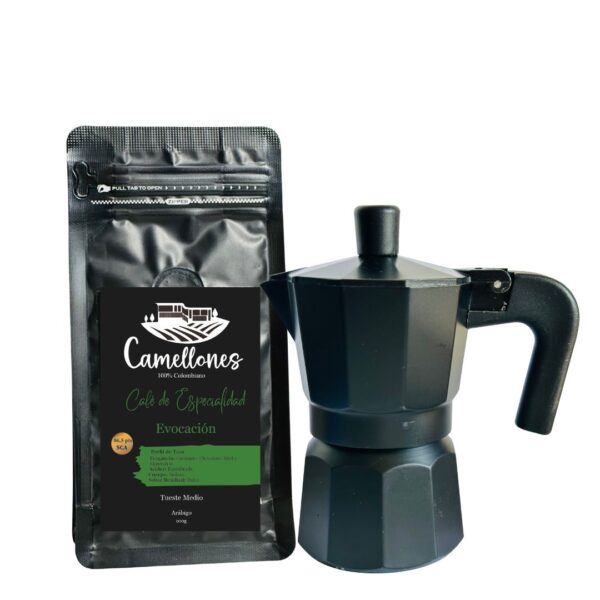 Pack Café Evocación de 100g Molido con Cafetera Italiana Negra 1 Taza