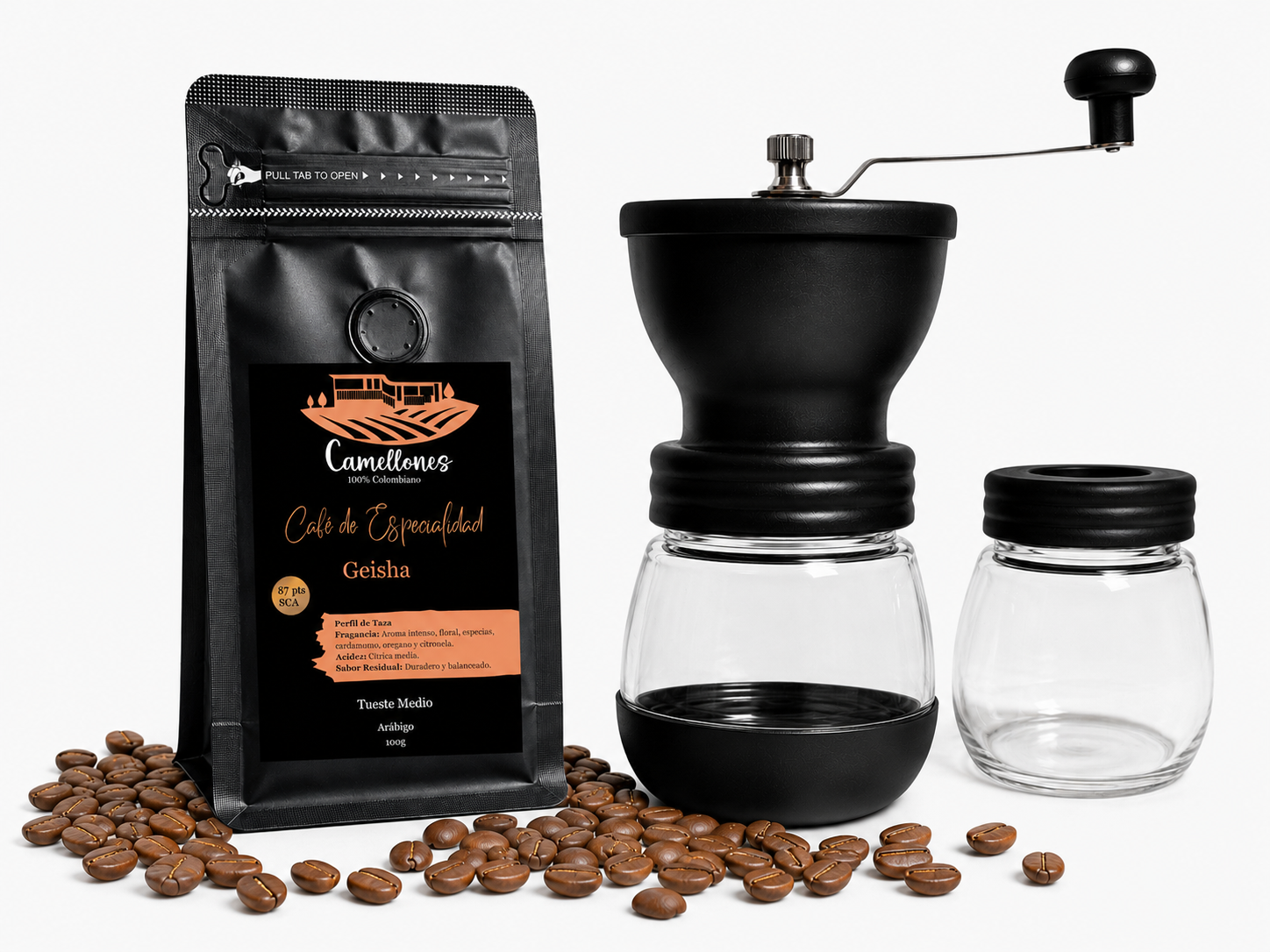 Pack Café Geisha en Grano de 100g + Molino Manual