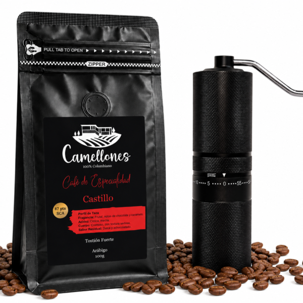 Molino Profesional en Acero Inoxidable Negro + Café Castillo en Grano de 100g
