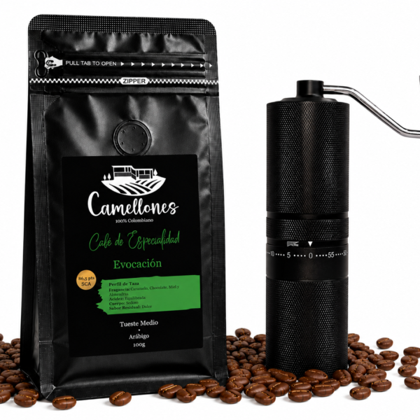 Molino Profesional en Acero Inoxidable Negro + Café Evocación en Grano de 100g