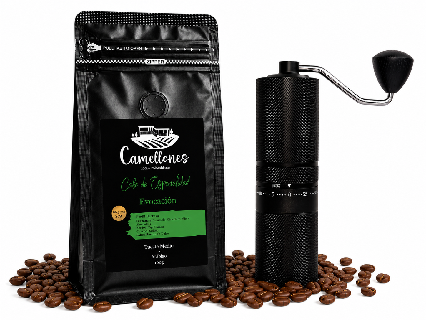 Molino Profesional en Acero Inoxidable Negro + Café Evocación en Grano de 100g